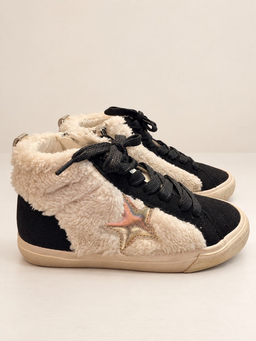 Converse Kids Black and Cream Faux-Shearling High-Top Sneakers with Star Accent